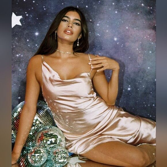 Princess Polly‎ Champagne Zamora Asymmetrical Cowl Satin Midi Dress 10US - Picture 2 of 15